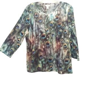 Chicos Peacock Print Top Size 2 / Large Feathers T-shirt Tunic Studs Long Sleeve